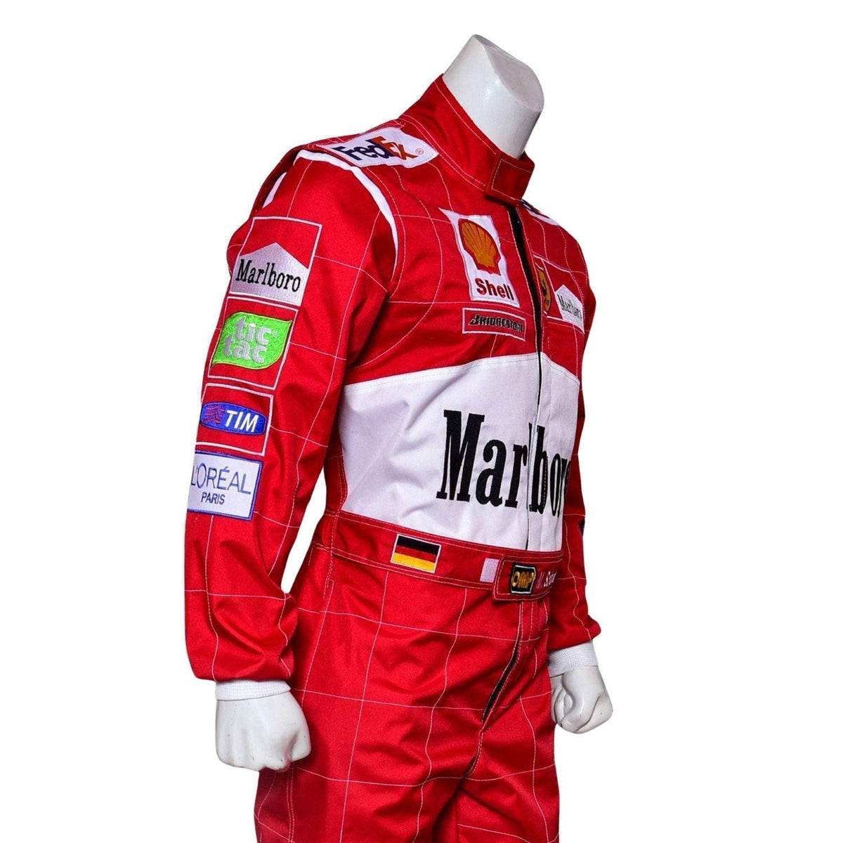 Michael Schumacher Belgian GP 2001 Racing Suit Replica: michael Schumacher F1 Race Ferrari Belgian GP Motorsport Suit Action Close Up View.