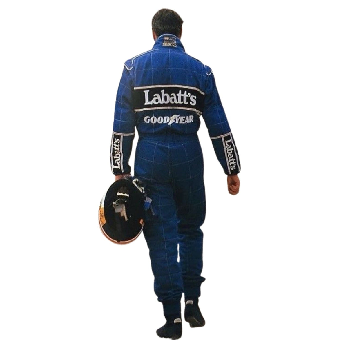 Nigel Mansell 1992 Racing Suit Replica behind wearing a blue racing suit with 'Labatt's' and 'Goodyear' logos on the back, holding a black racing helmet.