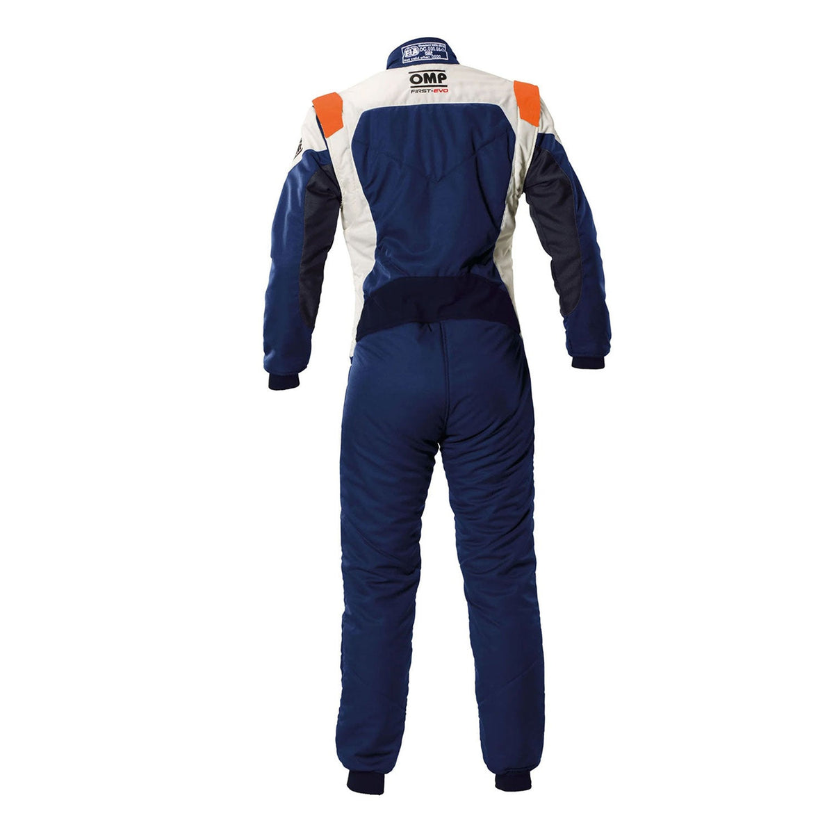 Of OMP Blue White Orange Tecnica Evo Racing Suit Replica with orange accents.