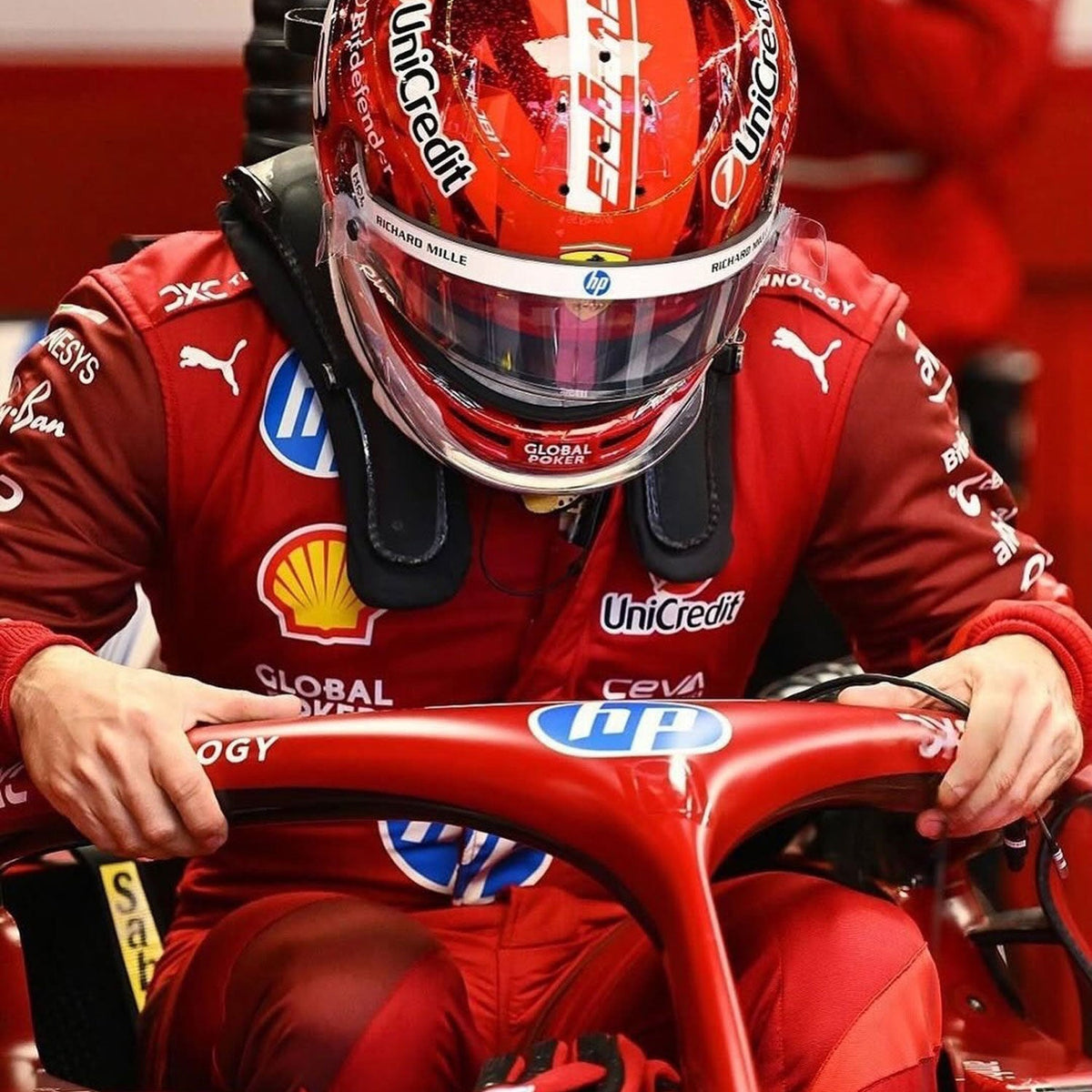 2025 Charles Leclerc Las Vegas GP Racing Suit Replica: charles Leclerc 2025 F1 Race Suit Ferrari Las Vegas GP Replica and helmet with various sponsor logos, sitting on a racing car.
