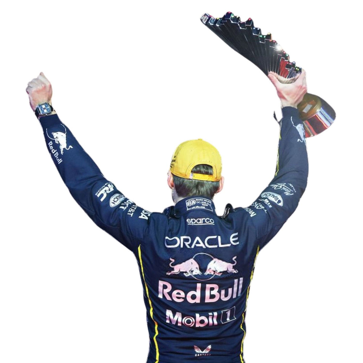 Max Verstappen Las Vegas GP 2025 Racing Suit Replica: max Verstappen 2025 F1 Race Costume Replica Red Bull Las Vegas GP holding trophies.