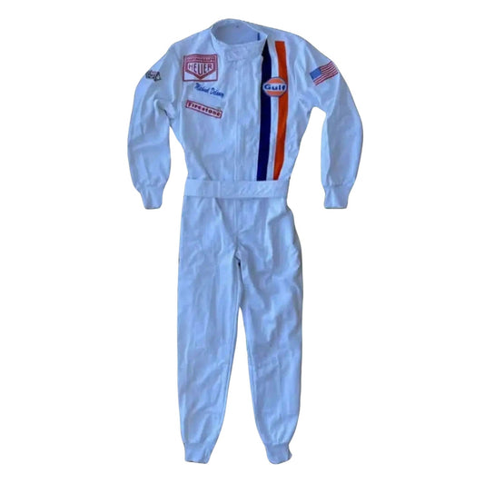1971 Michael Delaney Racing Suit – F1 The Movie Replica: michael Delaney F1 The LeMans Movie Race Porsche/Gulf (Steve McQueen) Grand Prix Suit.