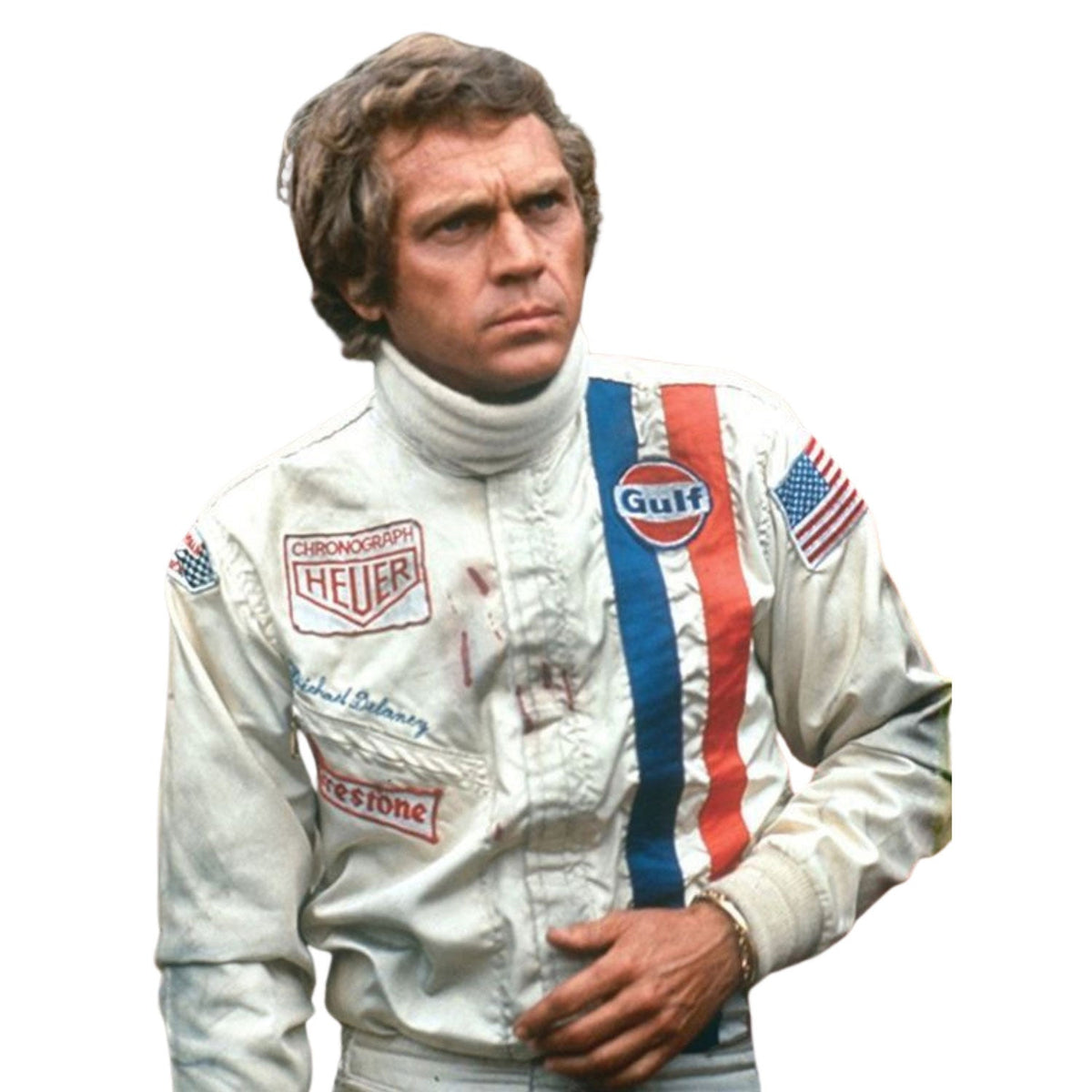 1971 Michael Delaney Racing Suit – F1 The Movie Replica: michael Delaney F1 The LeMans Movie Race Porsche/Gulf (Steve McQueen) Motorsport Suit Close Up View.