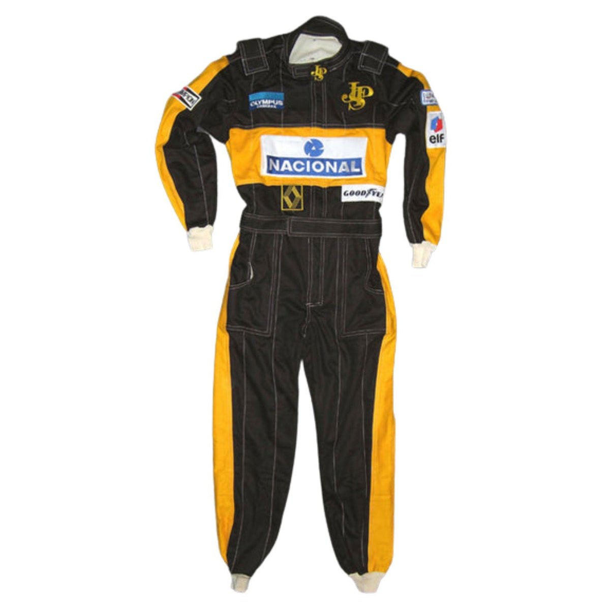 Black and yellow Ayrton Senna Racing Suit Replica 1985 with various logos.