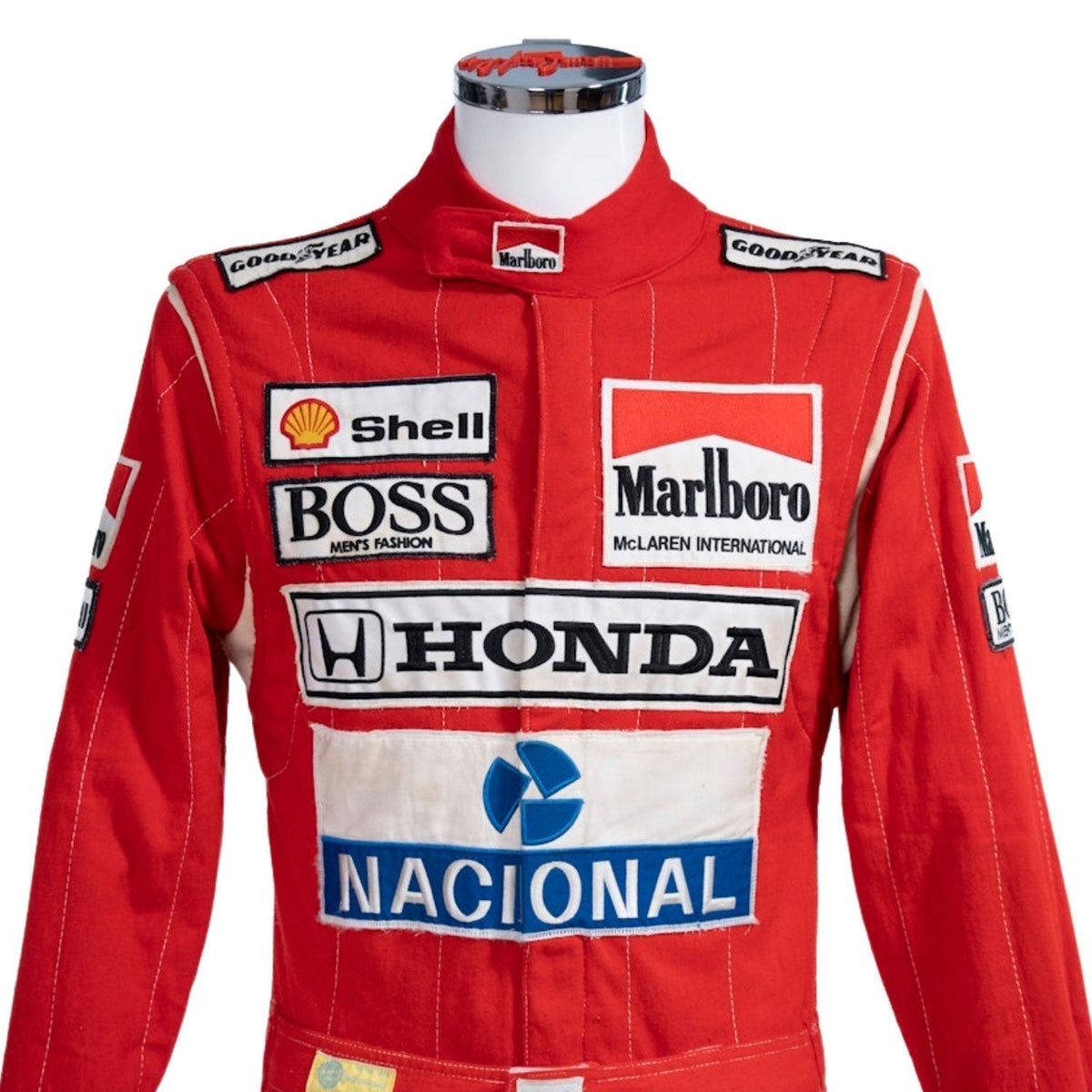 1988 Ayrton Senna Racing Suit Replica: ayrton Senna F1 Race Replica McLaren Driver Suit Close-up View.