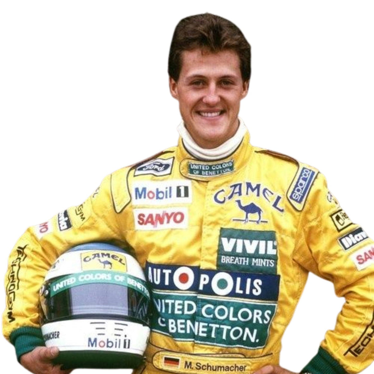 Michael Schumacher 1991 Racing Suit Replica: michael Schumacher F1 Race Replica Benetton Ford Driver Suit Close Up View.