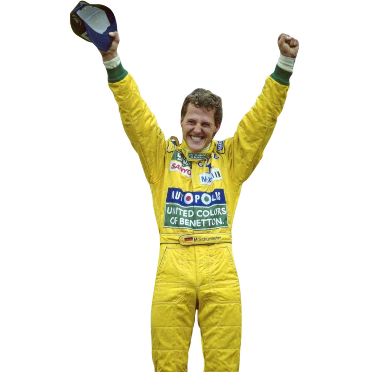 1992 Michael Schumacher Racing Suit Replica: michael Schumacher F1 Race Replica Benetton Ford Grand Prix Suit Close Up View.