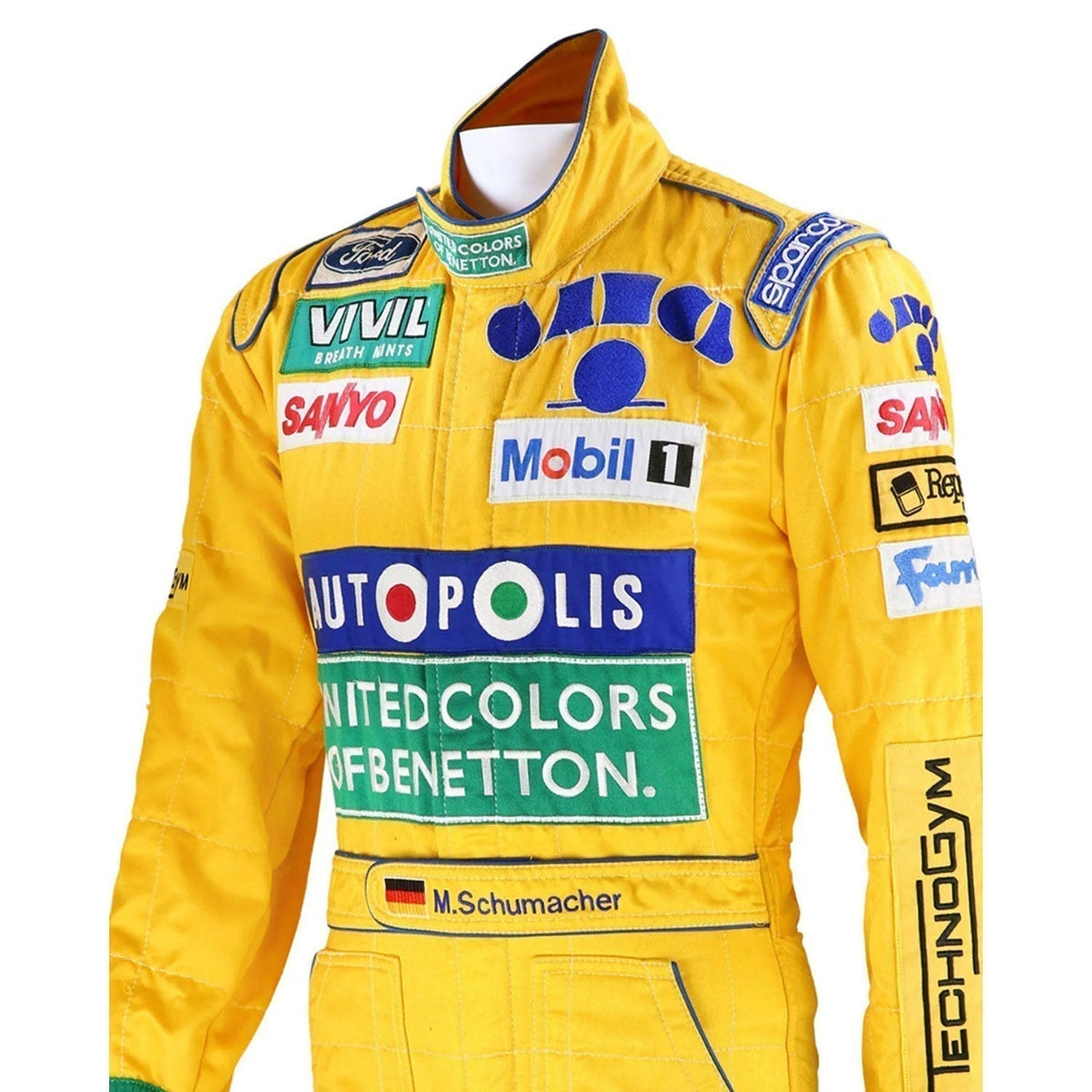 1992 Michael Schumacher Racing Suit Replica: michael Schumacher F1 Race Replica Benetton Ford Motorsport Suit Close Up View.
