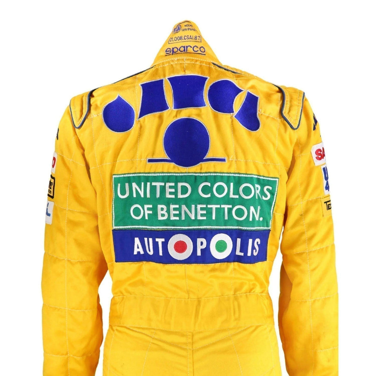 1992 Michael Schumacher Racing Suit Replica: michael Schumacher F1 Race Replica Benetton Ford Grand Prix Suit Close Up View.