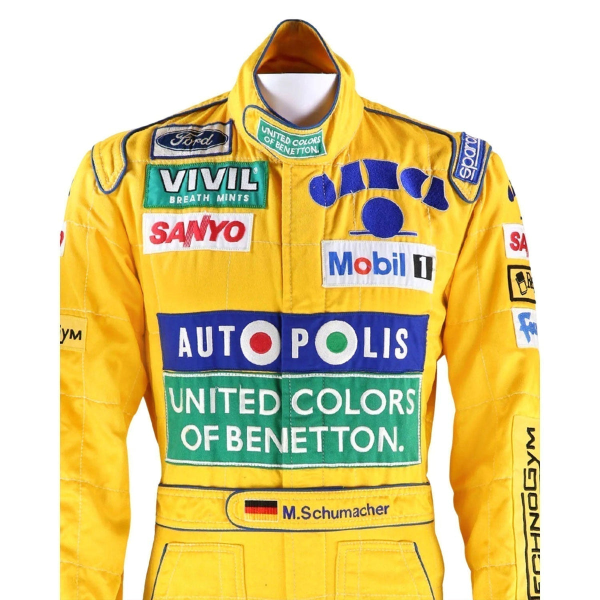 1992 Michael Schumacher Racing Suit Replica: michael Schumacher F1 Race Replica Benetton Ford Motorsport Suit Close Up View.