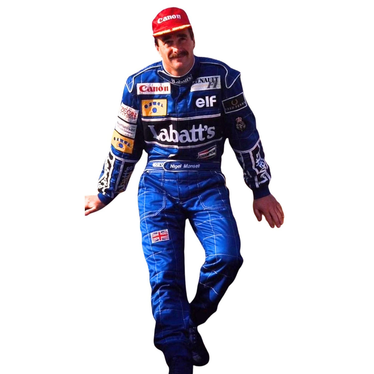 Nigel Mansell 1992 Racing Suit Replica: nigel Mansell F1 Race Replica Williams Motorsport blue racing suit with various sponsor logos.