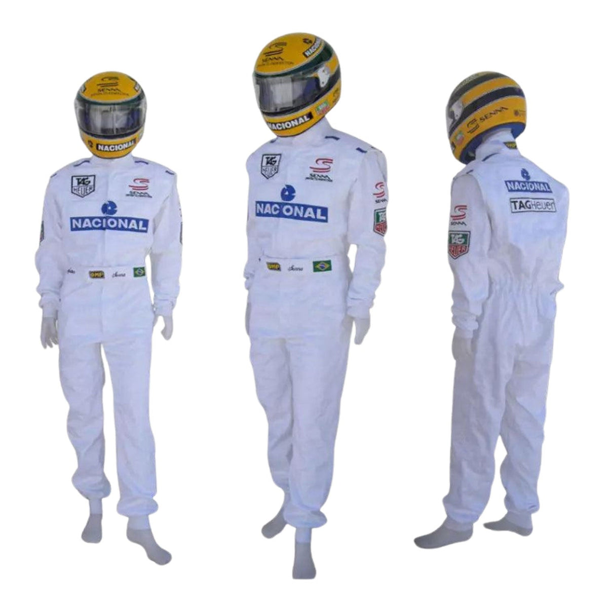 Ayrton Senna Paris Bercy 1993 Racing Suit Replica: three views of a Ayrton Senna 1993 F1 Race Replica Costume McLaren Paris Bercy with visible branding.