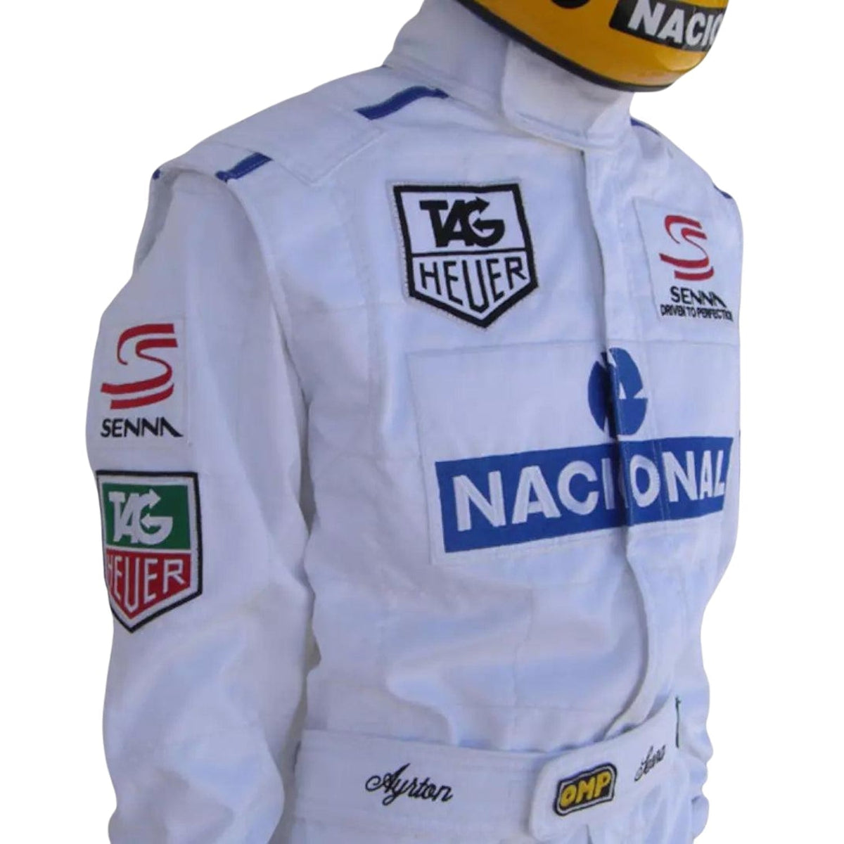 Ayrton Senna Paris Bercy 1993 Racing Suit Replica: white Ayrton Senna 1993 F1 Race Replica Costume McLaren Paris Bercy with various brand logos.