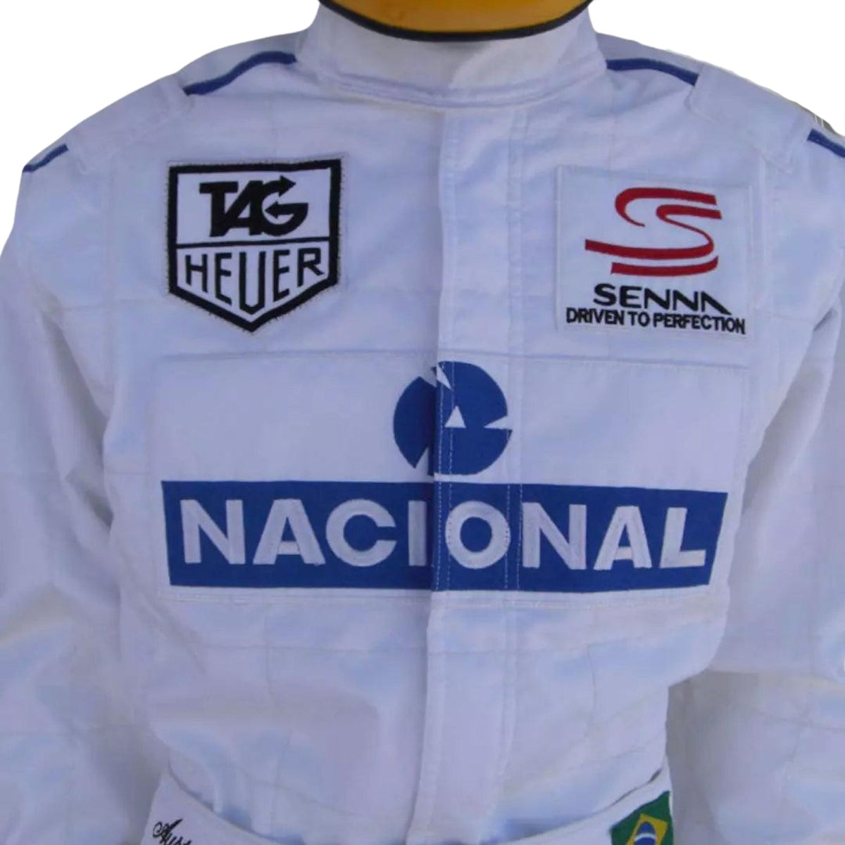 Ayrton Senna Paris Bercy 1993 Racing Suit Replica: white Ayrton Senna 1993 F1 Race Replica Costume McLaren Paris Bercy with various brand logos.