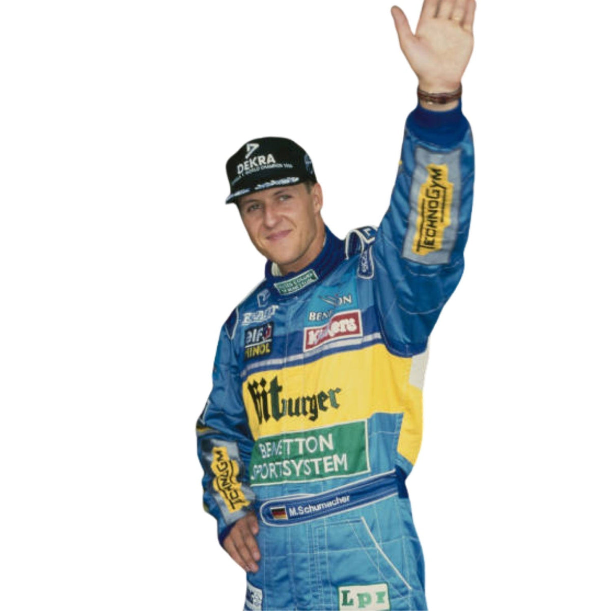 1995 Michael Schumacher Racing Suit Replica: michael Schumacher F1 Race Replica BitBurger Benetton Motorsport Suit Close-up View.