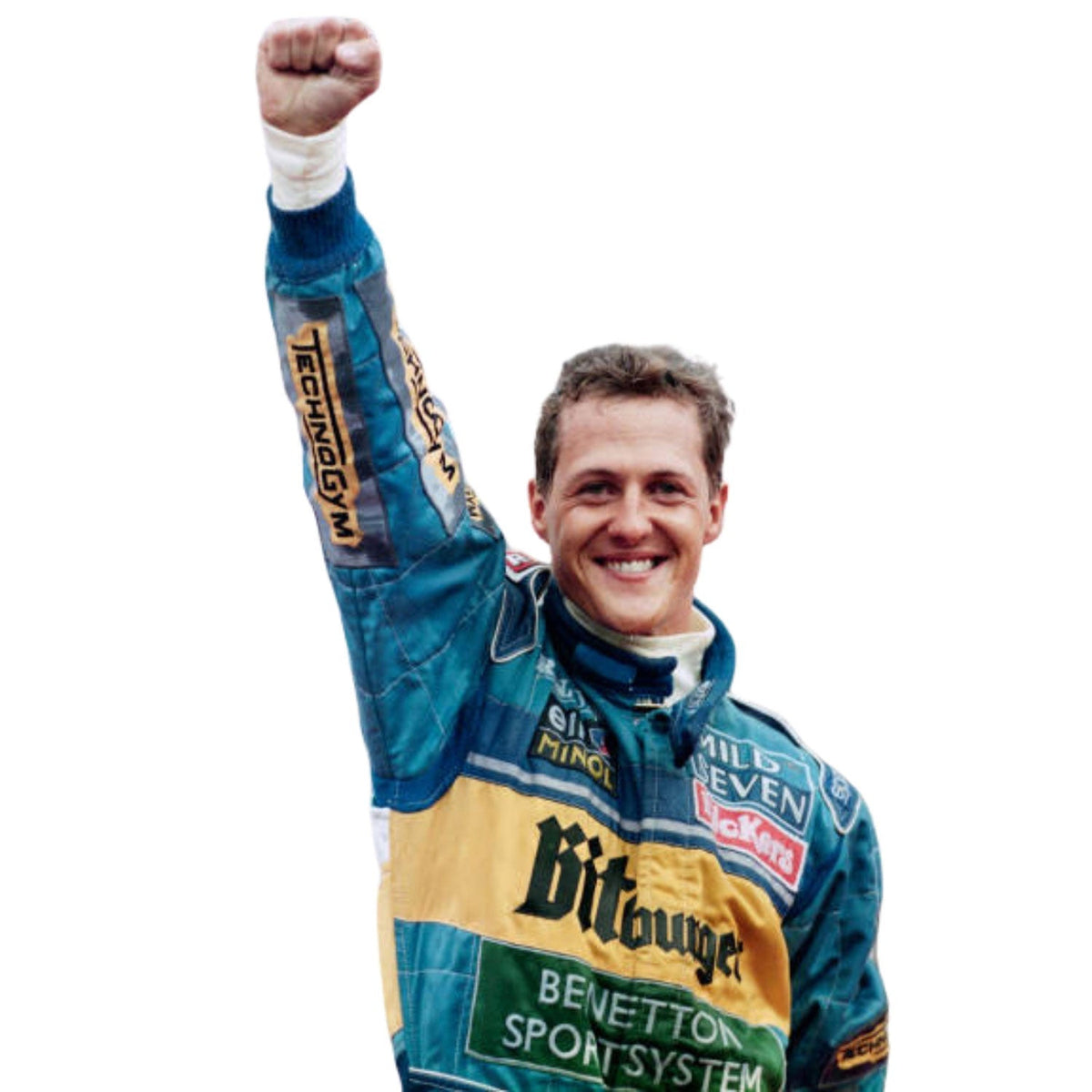 1995 Michael Schumacher Racing Suit Replica: michael Schumacher F1 Race Replica BitBurger Benetton Grand Prix Suit Close-up View.