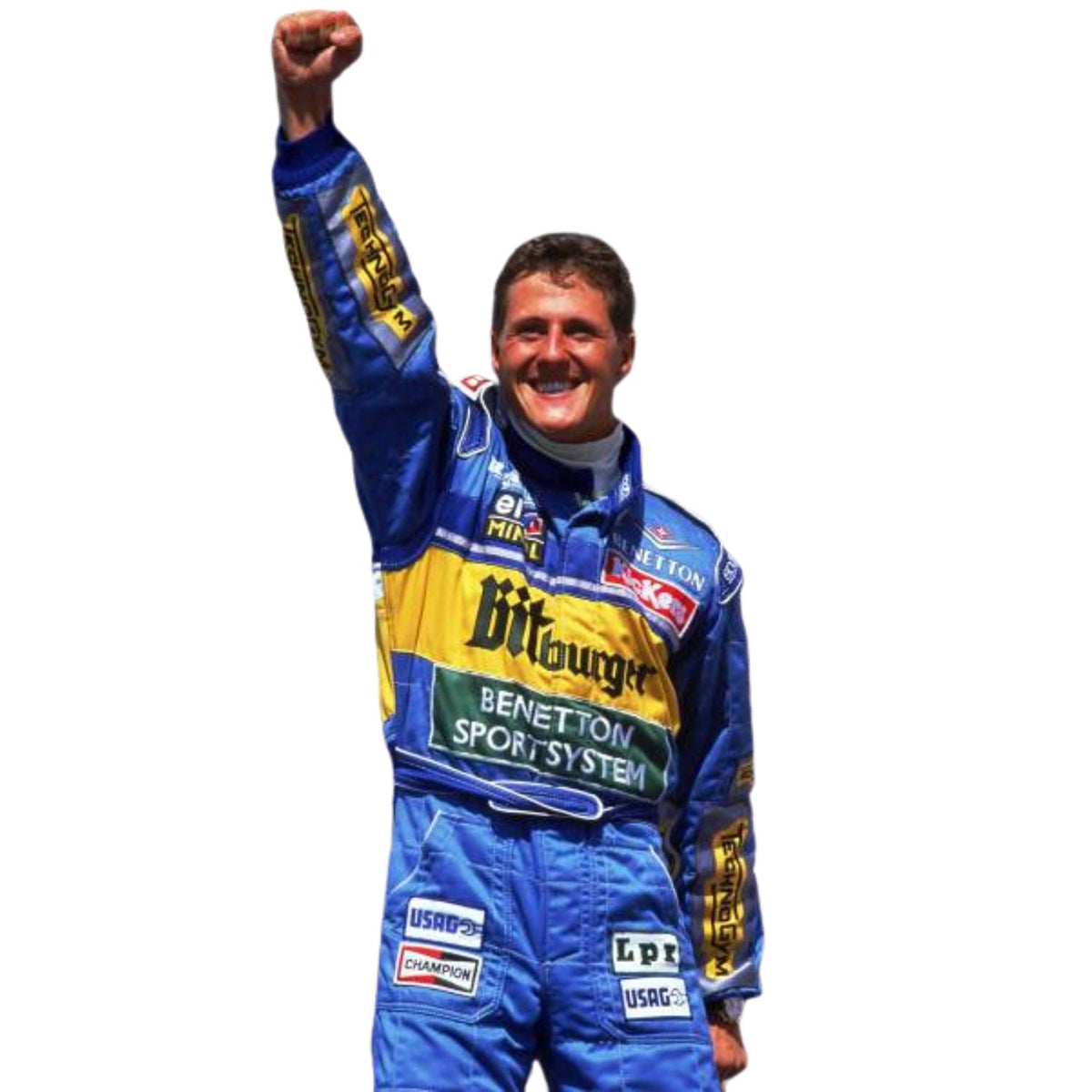 1995 Michael Schumacher Racing Suit Replica: michael Schumacher F1 Race Replica BitBurger Benetton Motorsport Suit Close-up View.