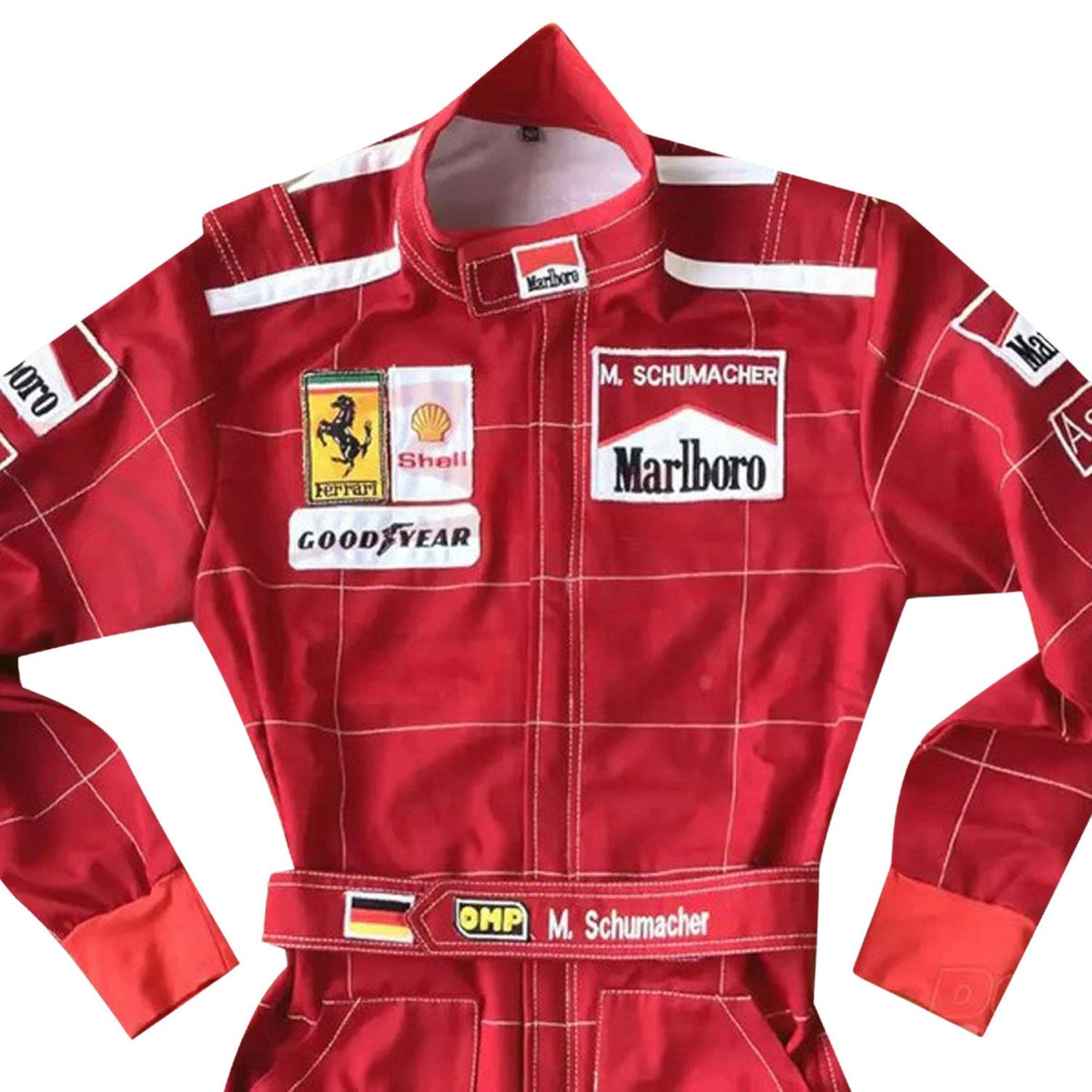 Michael Schumacher 1996 Racing Suit Replica: michael Schumacher F1 Race Replica Ferrari Driver Suit Close-up View.