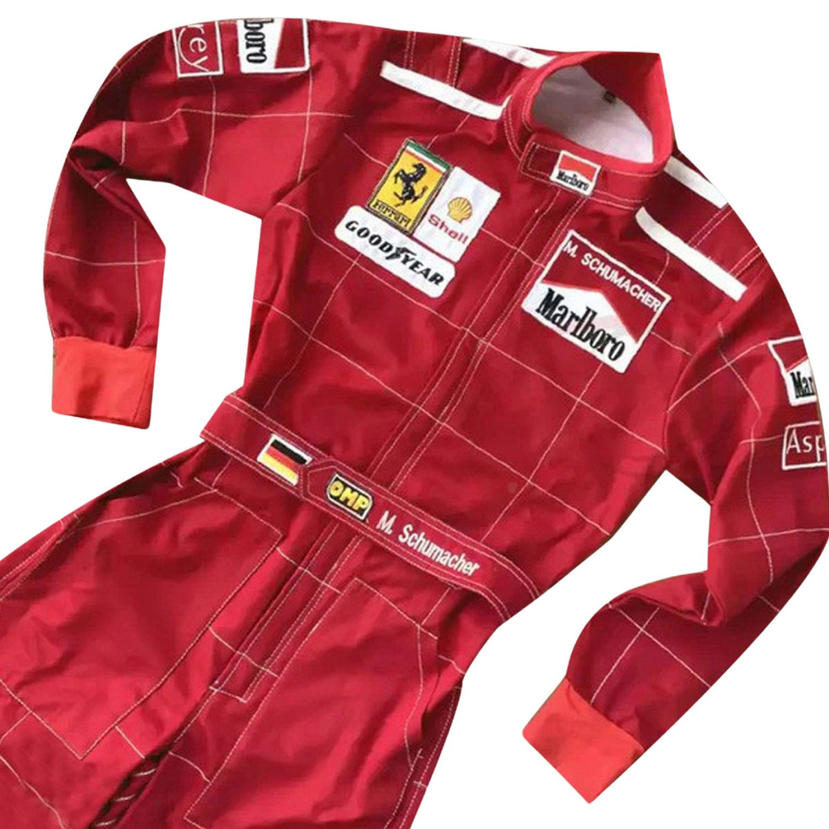 Michael Schumacher 1996 Racing Suit Replica: michael Schumacher F1 Race Replica Ferrari Motorsport Suit Close-up View.