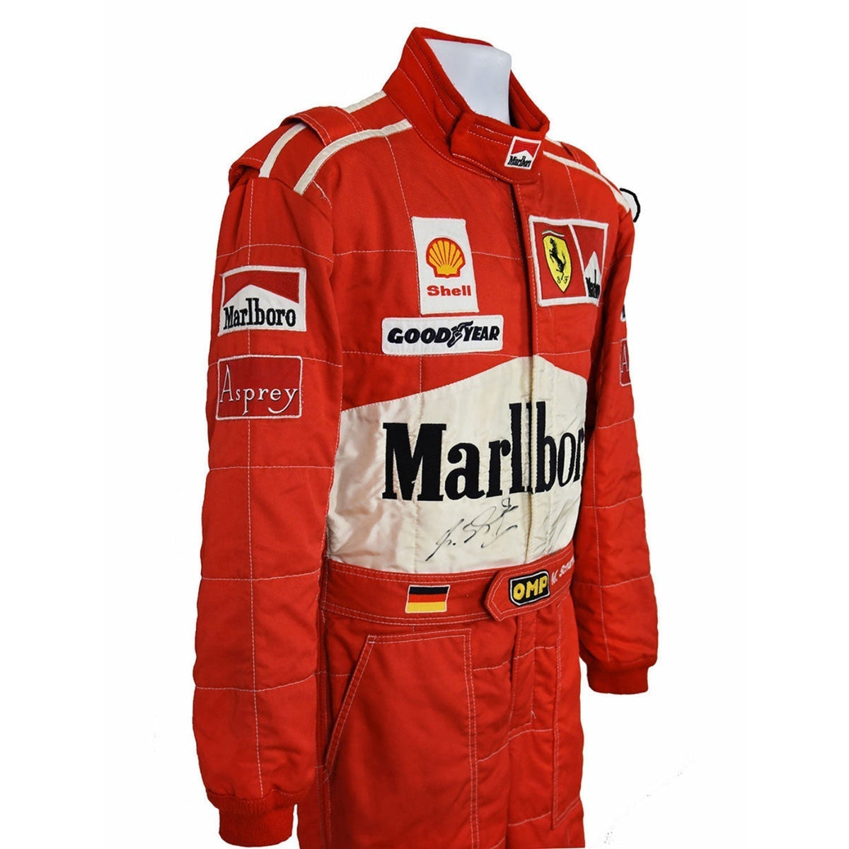 Michael Schumacher Racing Suit Replica 1997: michael Schumacher F1 Race Replica Ferrari Motorsport Suit Close-up View.