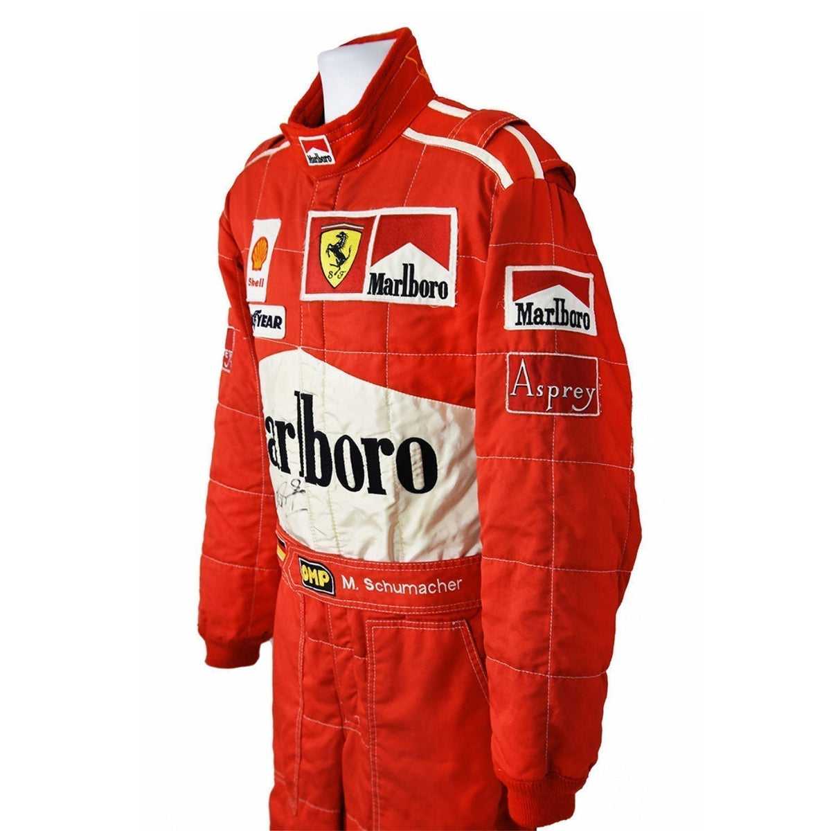 Michael Schumacher Racing Suit Replica 1997: michael Schumacher F1 Race Replica Ferrari Grand Prix Suit Close-up View.