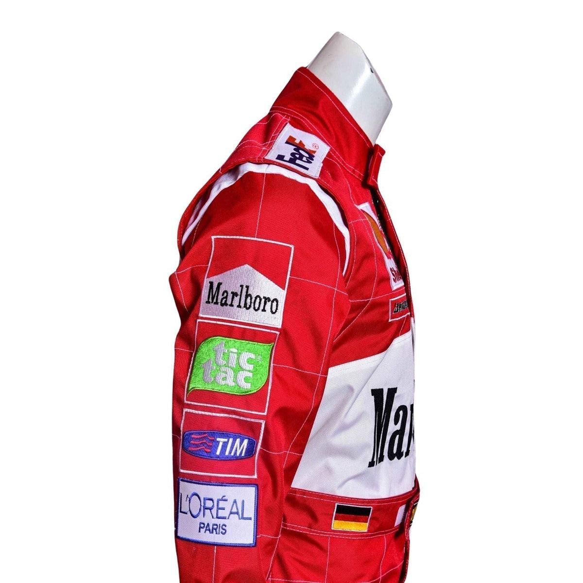 Michael Schumacher 2000 Racing Suit Replica: michael Schumacher F1 Race Replica Ferrari Motorsport Suit Close-up View.