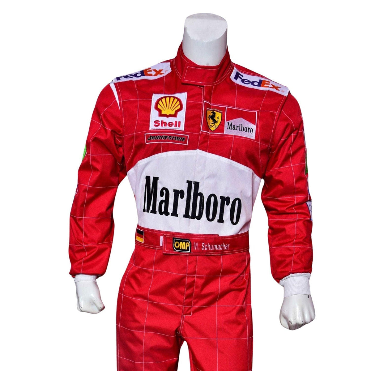 Michael Schumacher 2000 Racing Suit Replica: michael Schumacher F1 Race Replica Ferrari Grand Prix Suit Close-up View.
