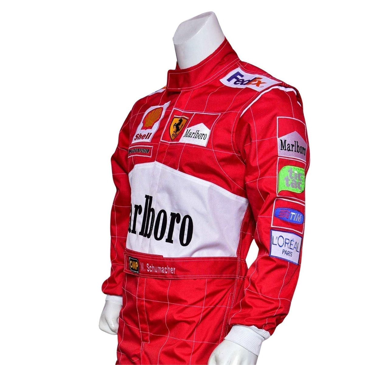 Michael Schumacher 2000 Racing Suit Replica: michael Schumacher F1 Race Replica Ferrari Motorsport Suit Close-up View.