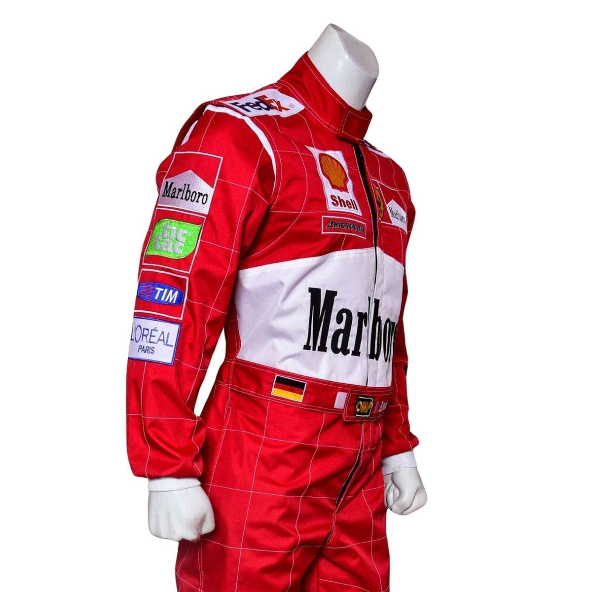 Michael Schumacher 2000 Racing Suit Replica: michael Schumacher F1 Race Replica Ferrari Driver Suit Close-up View.