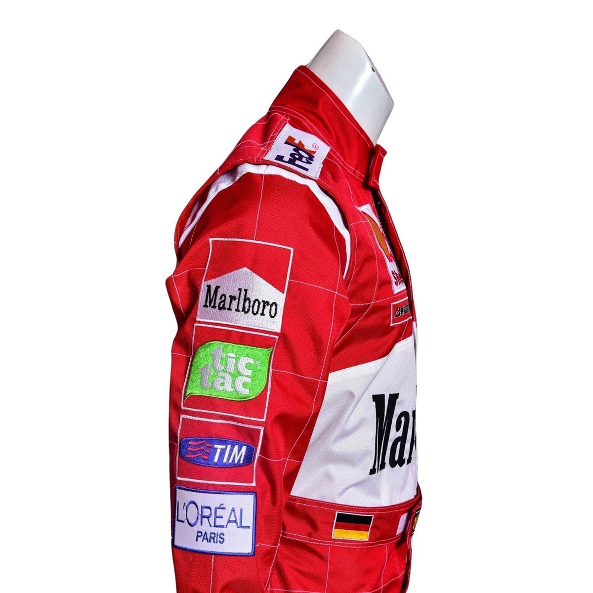 Michael Schumacher Belgian GP 2001 Racing Suit Replica: michael Schumacher F1 Race Ferrari Belgian GP Driver Suit Close Up View.