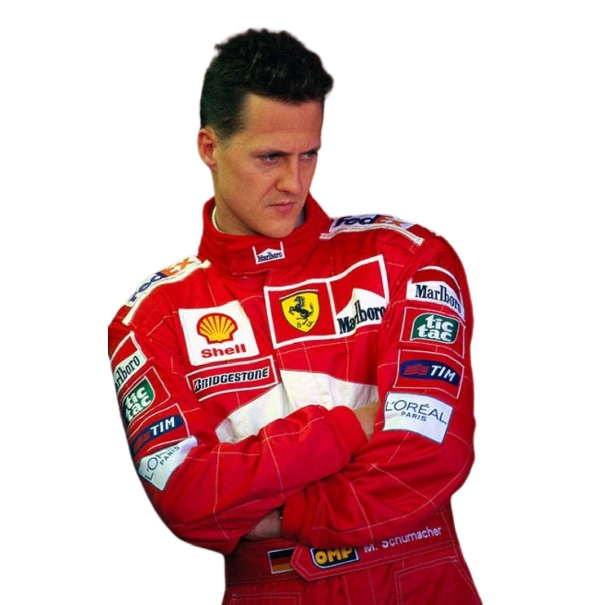 Michael Schumacher Belgian GP 2001 Racing Suit Replica: michael Schumacher F1 Race Ferrari Belgian GP Motorsport Suit Close Up View.