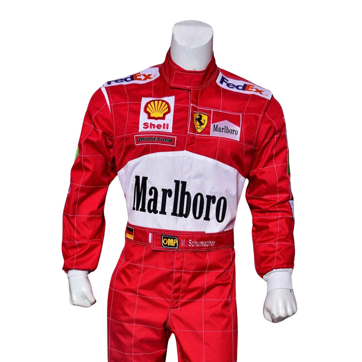 Michael Schumacher Belgian GP 2001 Racing Suit Replica: michael Schumacher F1 Race Ferrari Belgian GP Grand Prix Suit Close Up View.