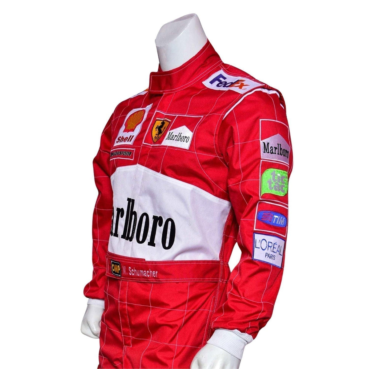 Michael Schumacher Belgian GP 2001 Racing Suit Replica: michael Schumacher F1 Race Ferrari Belgian GP Grand Prix Suit Close Up View.