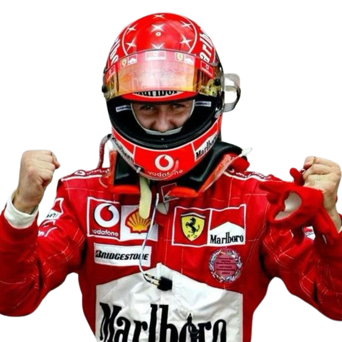 Michael Schumacher Racing Suit Replica 2005: michael Schumacher F1 Race Ferrari World Champion Motorsport Suit Close-up View.