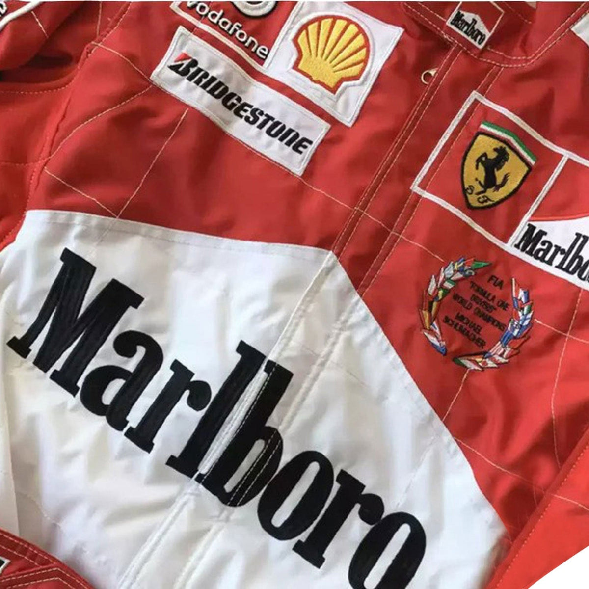 Michael Schumacher Racing Suit Replica 2005: michael Schumacher F1 Race Ferrari World Champion Driver Suit Close-up View.