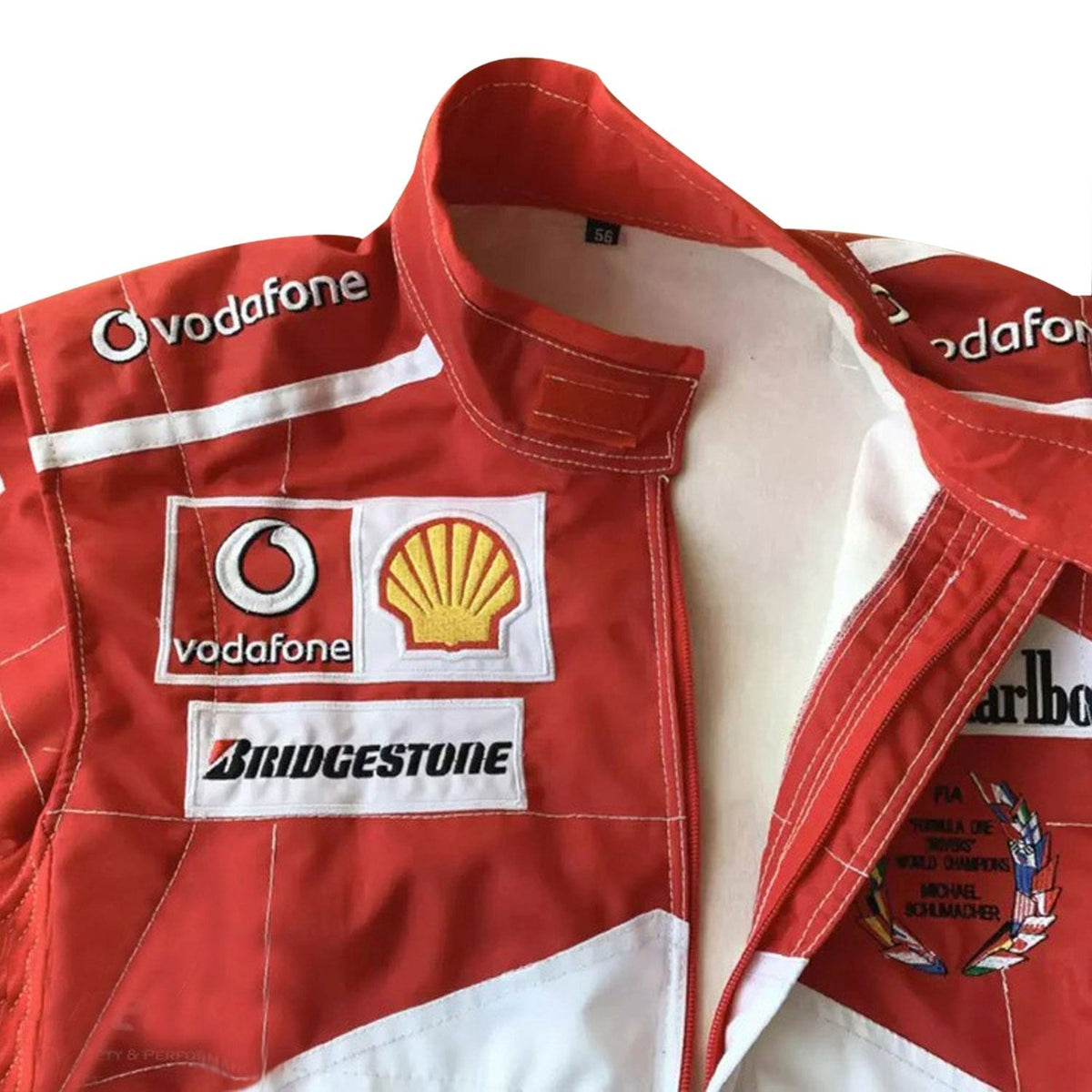 Michael Schumacher Racing Suit Replica 2005: michael Schumacher F1 Race Ferrari World Champion Motorsport Suit Close-up View.