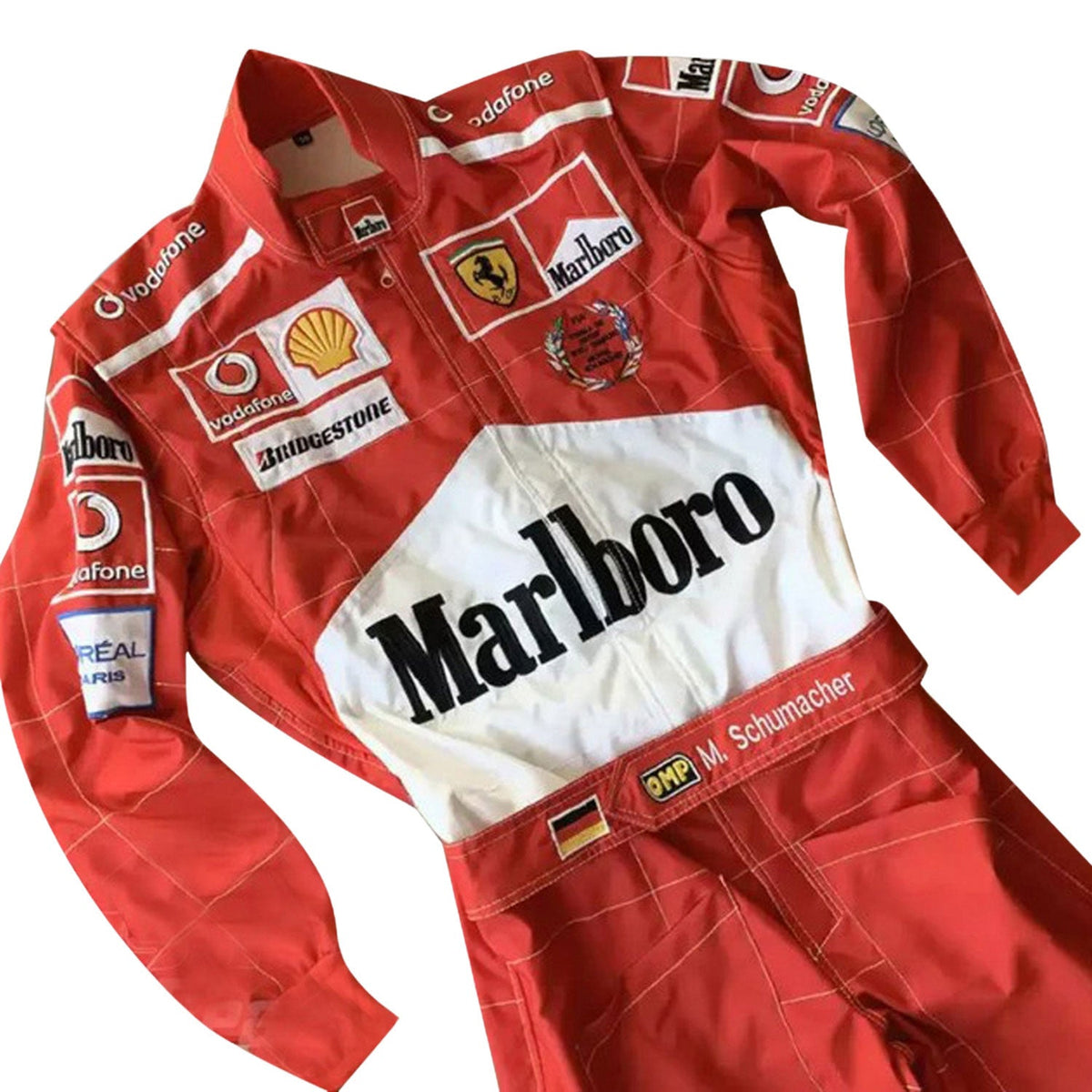 Michael Schumacher Racing Suit Replica 2005: michael Schumacher F1 Race Ferrari World Champion Driver Suit Close-Up View.