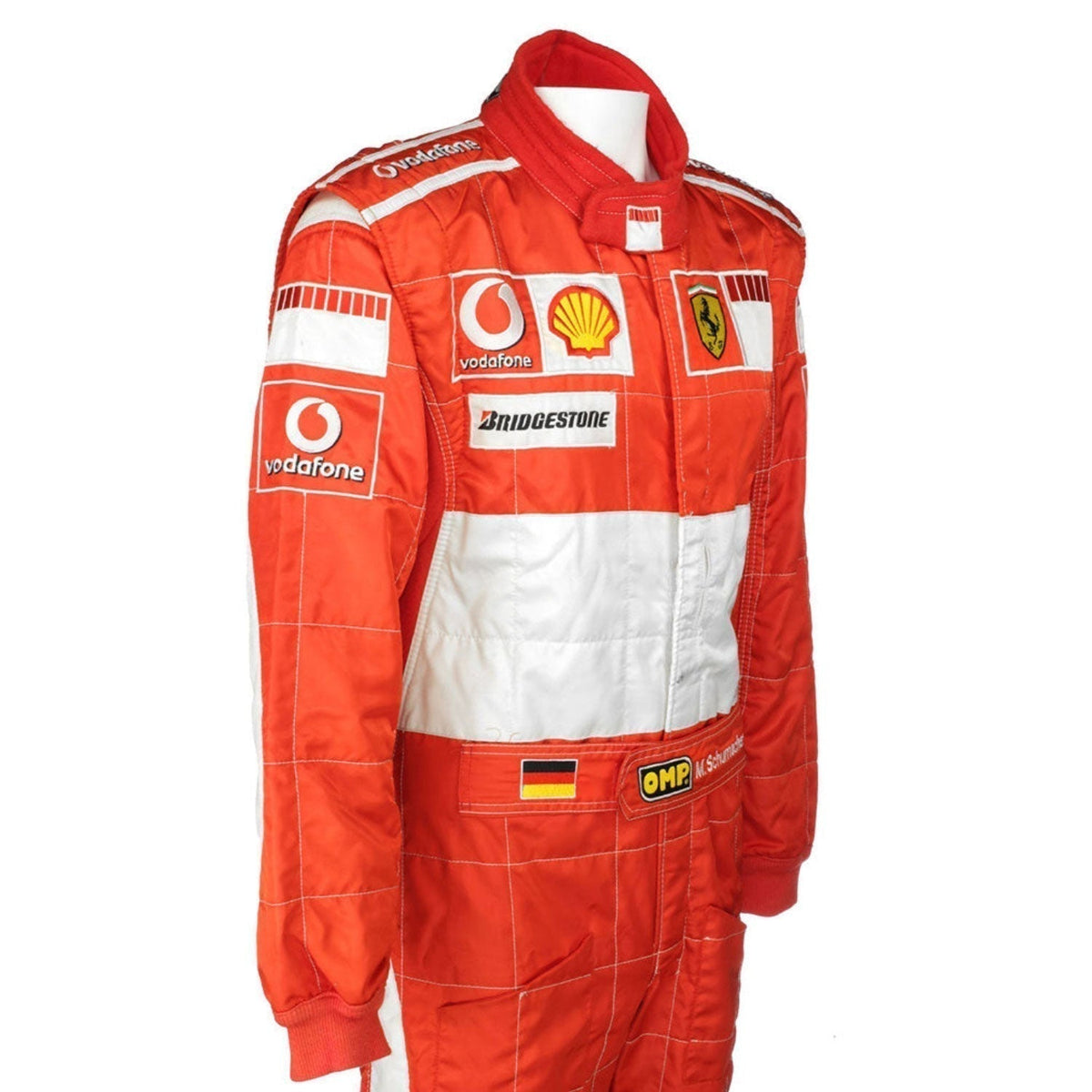 Michael Schumacher Racing Suit Replica 2006: michael Schumacher F1 Race Replica Ferrari Motorsport Suit Close Up View.