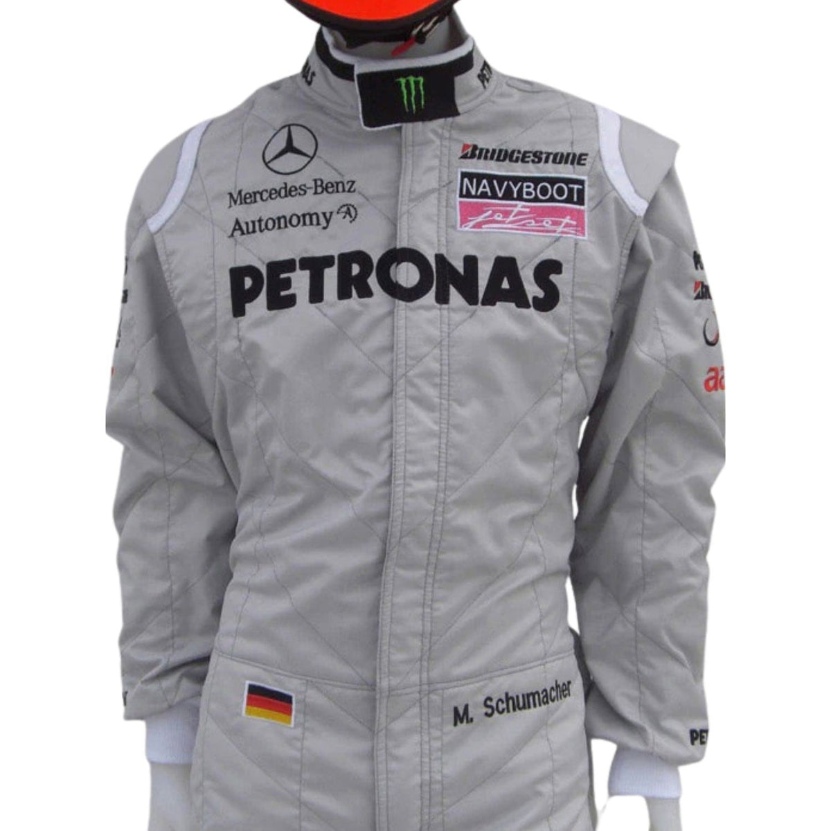 Michael Schumacher 2010 Racing Suit Replica: michael Schumacher F1 Race Replica Mercedes Grand Prix Suit Close Up.