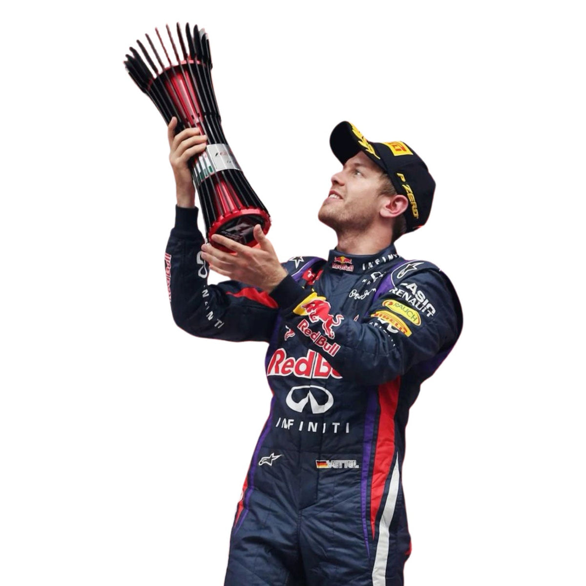 2014 Sebastian Vettel Racing Suit Replica: sebastian Vettel F1 Race Replica Red Bull Motorsport Suit Close-up View.