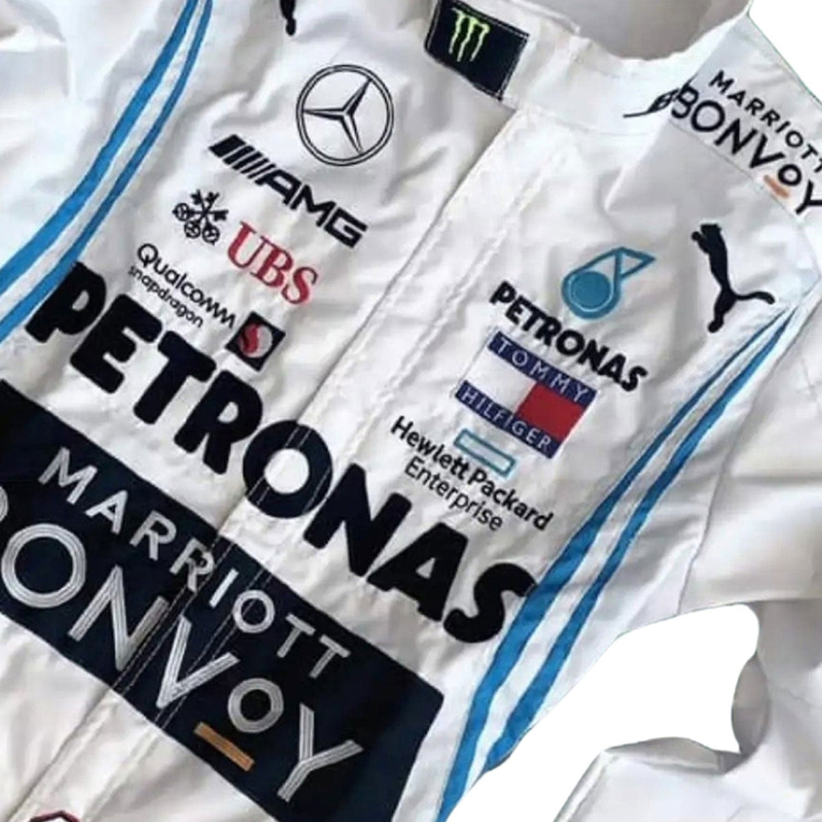 2019 Lewis Hamilton Racing Suit Replica: lewis Hamilton F1 Race Replica Mercedes Driver Suit Close-Up View.