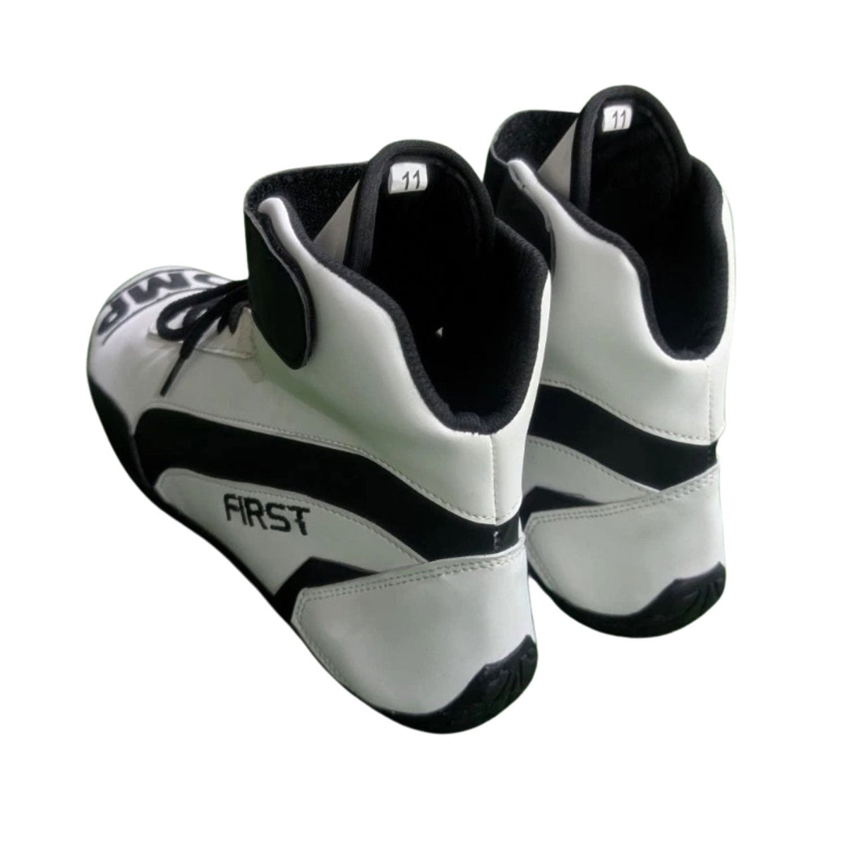 Sonny Hayes 2025 Racing Shoes – F1 The Movie Replica: white and black high-top 2025 Brad Pitt (Damson Idris) The Movie Racing Shoes F1 APXGP with 'FIRST' branding - Kartx Gear.