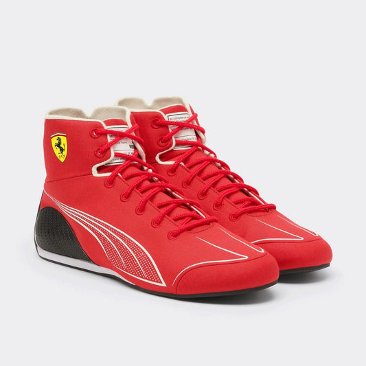 2026 Charles Leclerc Racing Shoes Replica: a pair of red high-top Puma Ferrari sneakers with white graphic stripes, red laces, and a black and white sole.
