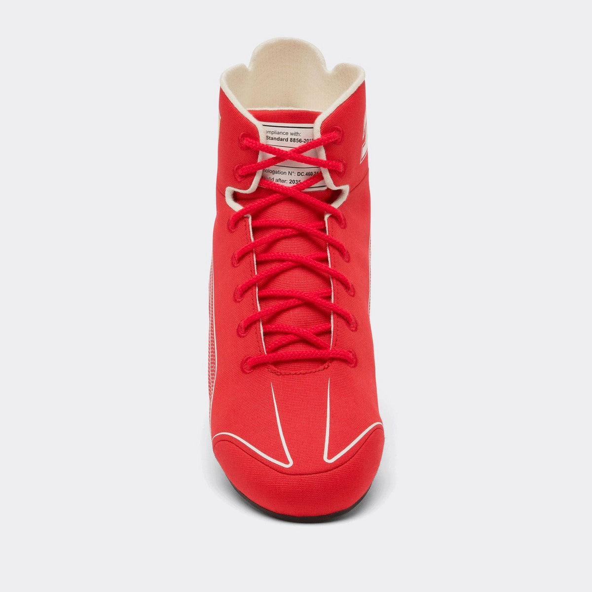 2026 Charles Leclerc Racing Shoes Replica: a red high-top sneaker with white contrast stitching and white laces.