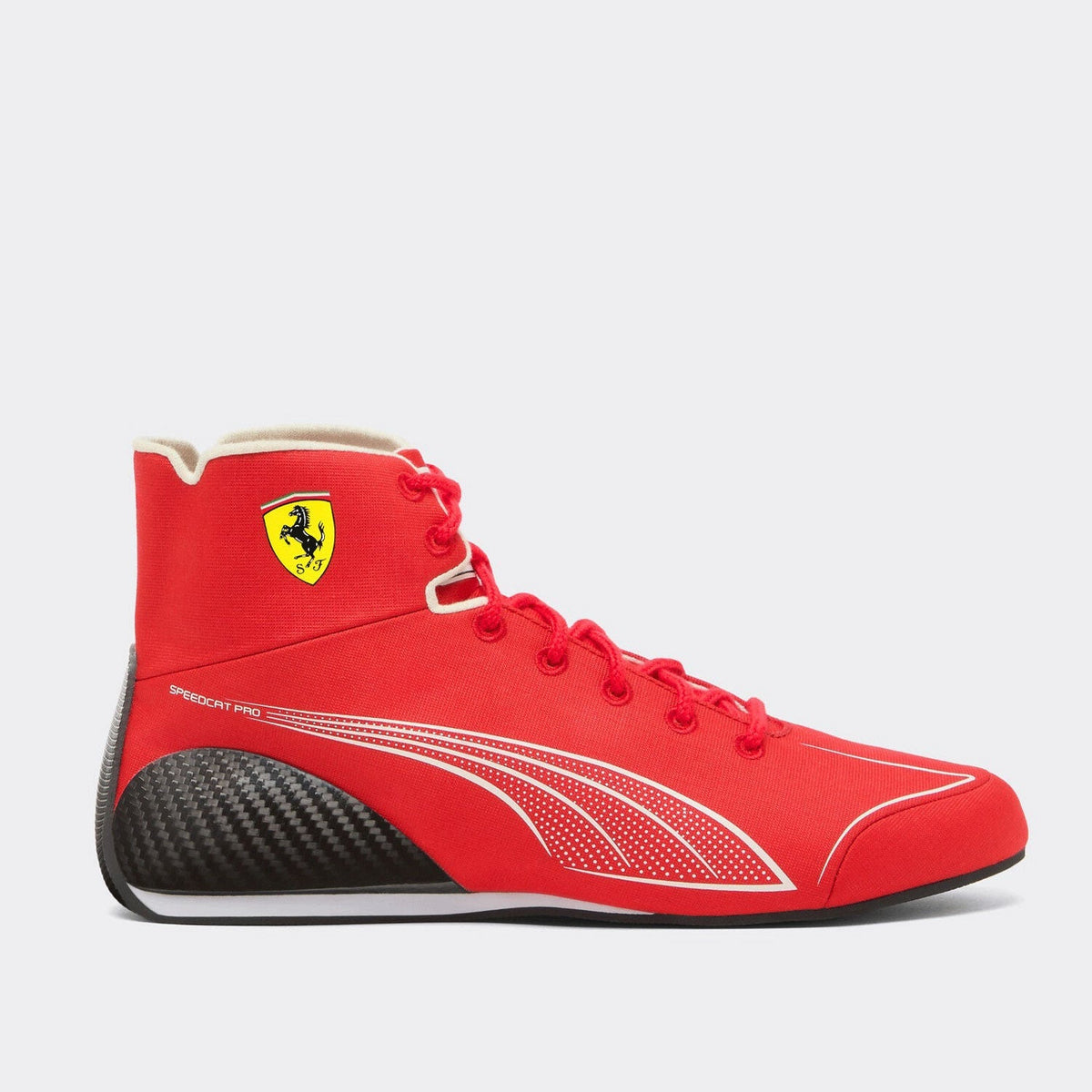 2026 Charles Leclerc Racing Shoes Replica: a red Puma Speedport Pro high-top sneaker with a black carbon-fiber-look heel panel and a yellow Ferrari shield logo on the ankle.
