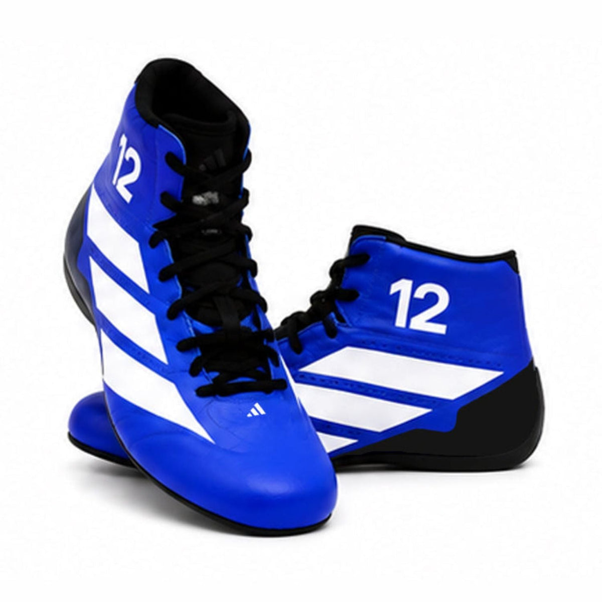 2026 Andrea Kimi Antonelli Racing Shoes Replica: a pair of blue and white high-top athletic shoes with black laces and black soles, featuring the number 12 on the side.