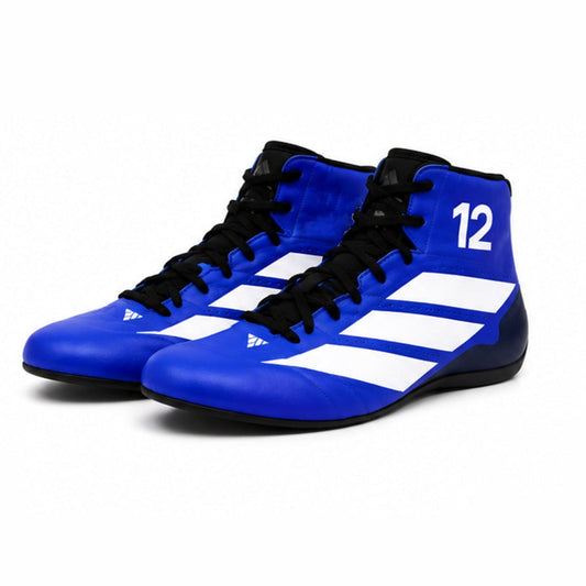2026 Andrea Kimi Antonelli Racing Shoes Replica: a pair of high-top athletic wrestling shoes in royal blue with three white stripes, black laces, and the number 12 printed in white on the side.