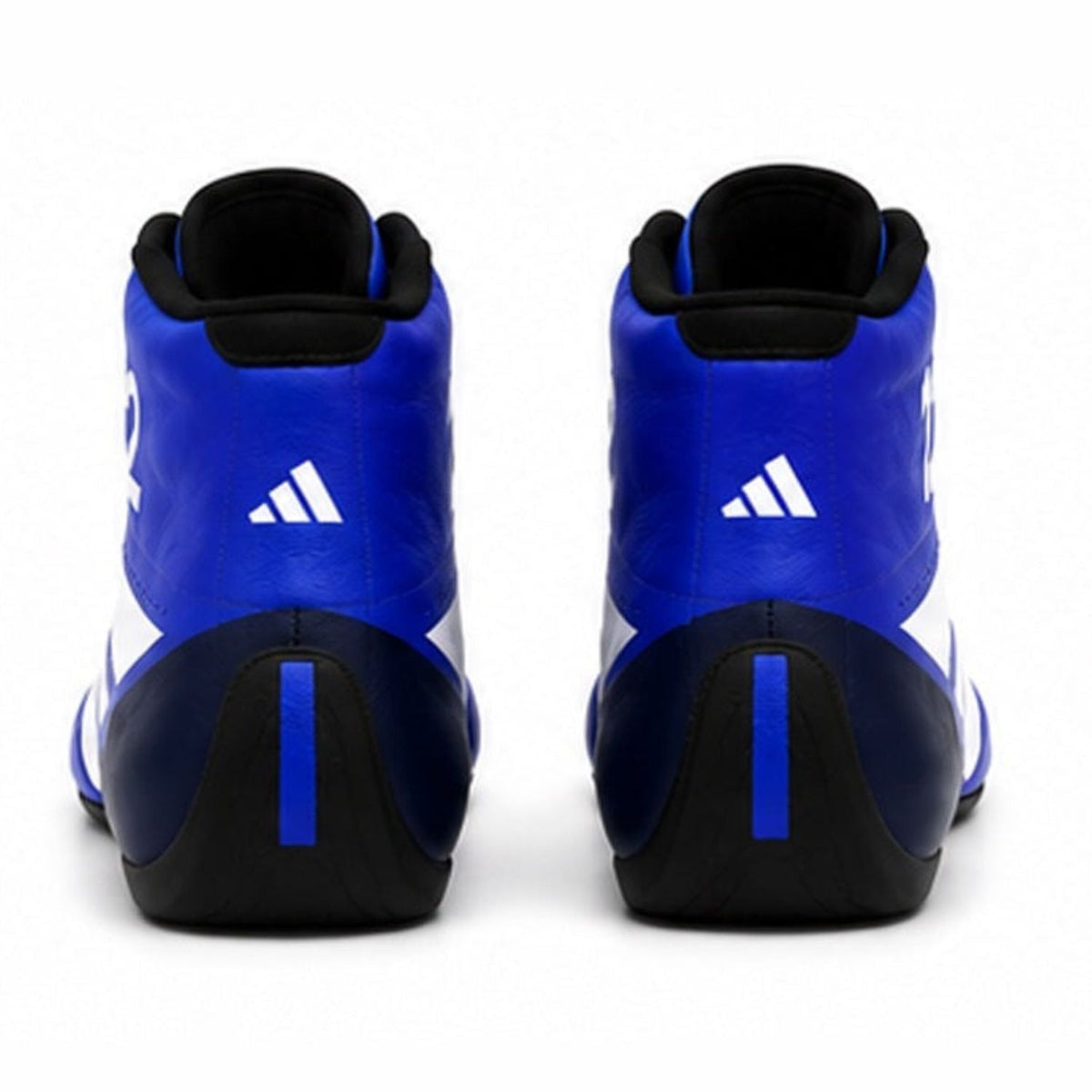 2026 Andrea Kimi Antonelli Racing Shoes Replica: a pair of Adidas high-top basketball shoes featuring a vibrant blue and black colorway with white logo details.