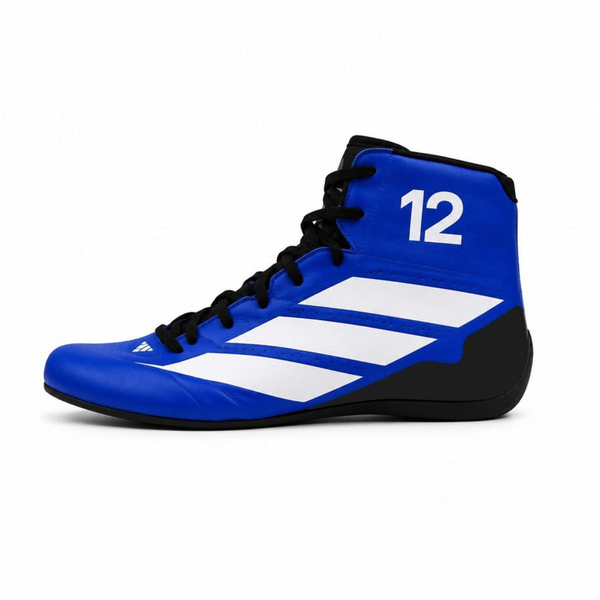 2026 Andrea Kimi Antonelli Racing Shoes Replica: a single high-top athletic shoe in royal blue with three white diagonal stripes, black laces, a black sole, and the number 12 printed in white on the heel.
