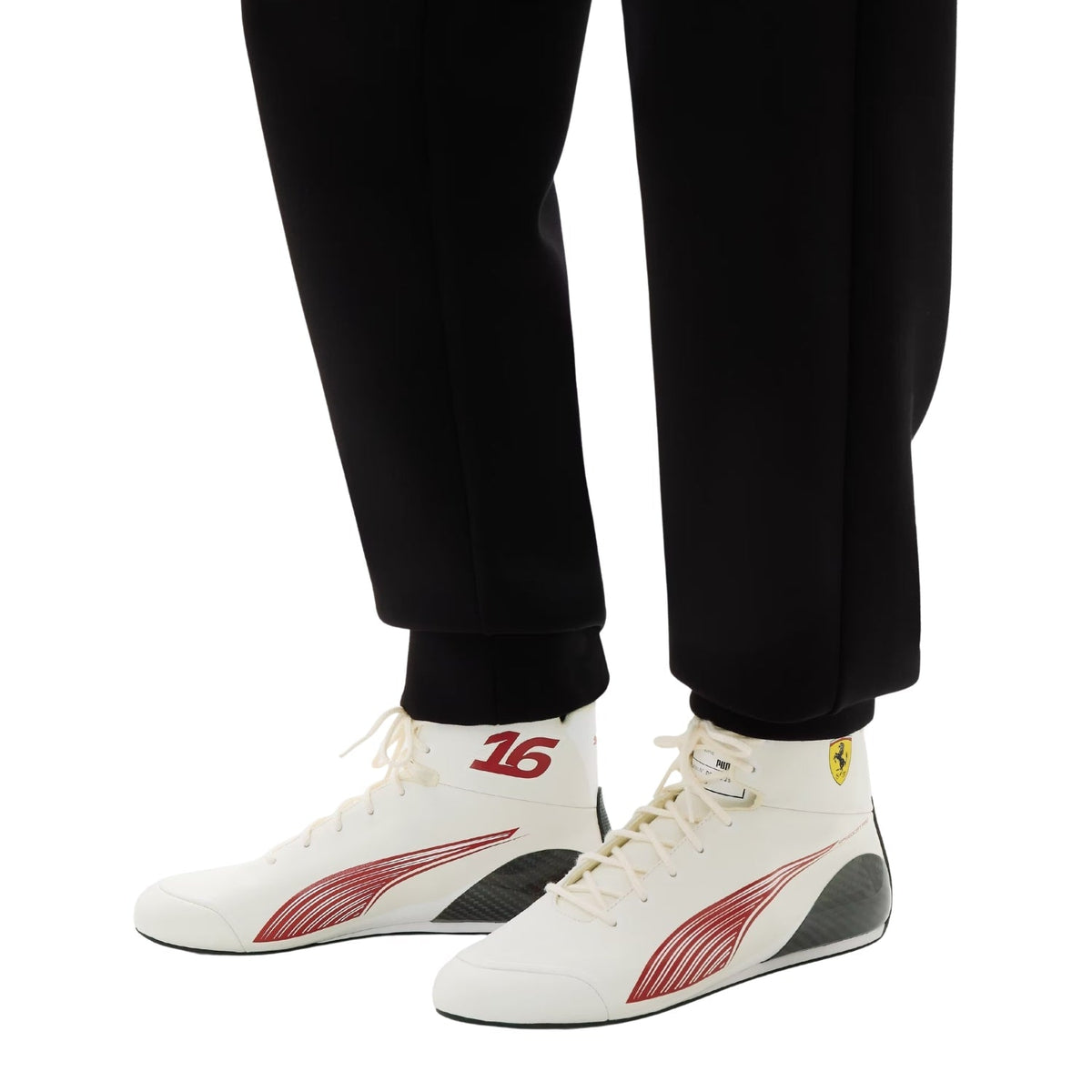 Charles Leclerc 2026 Racing Shoes Replica – Monaco GP: white Charles Leclerc 2026 Monaco GP high-top sneakers with red and black design, worn with black pants - Kartx Gear.